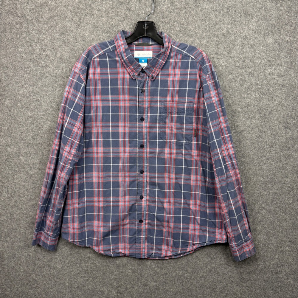 Columbia Mens XL Blue Red Plaid Long Sleeve Button Down Cotton Shirt Outdoor
